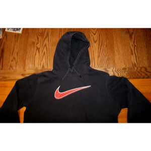 Vintage Y2K Nike Sweatshirt Mens XL Black Red Center Swoosh Big Mesh Logo Hoodie